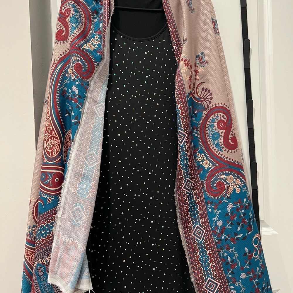 Black Dress with Colorful Paisley Scarf